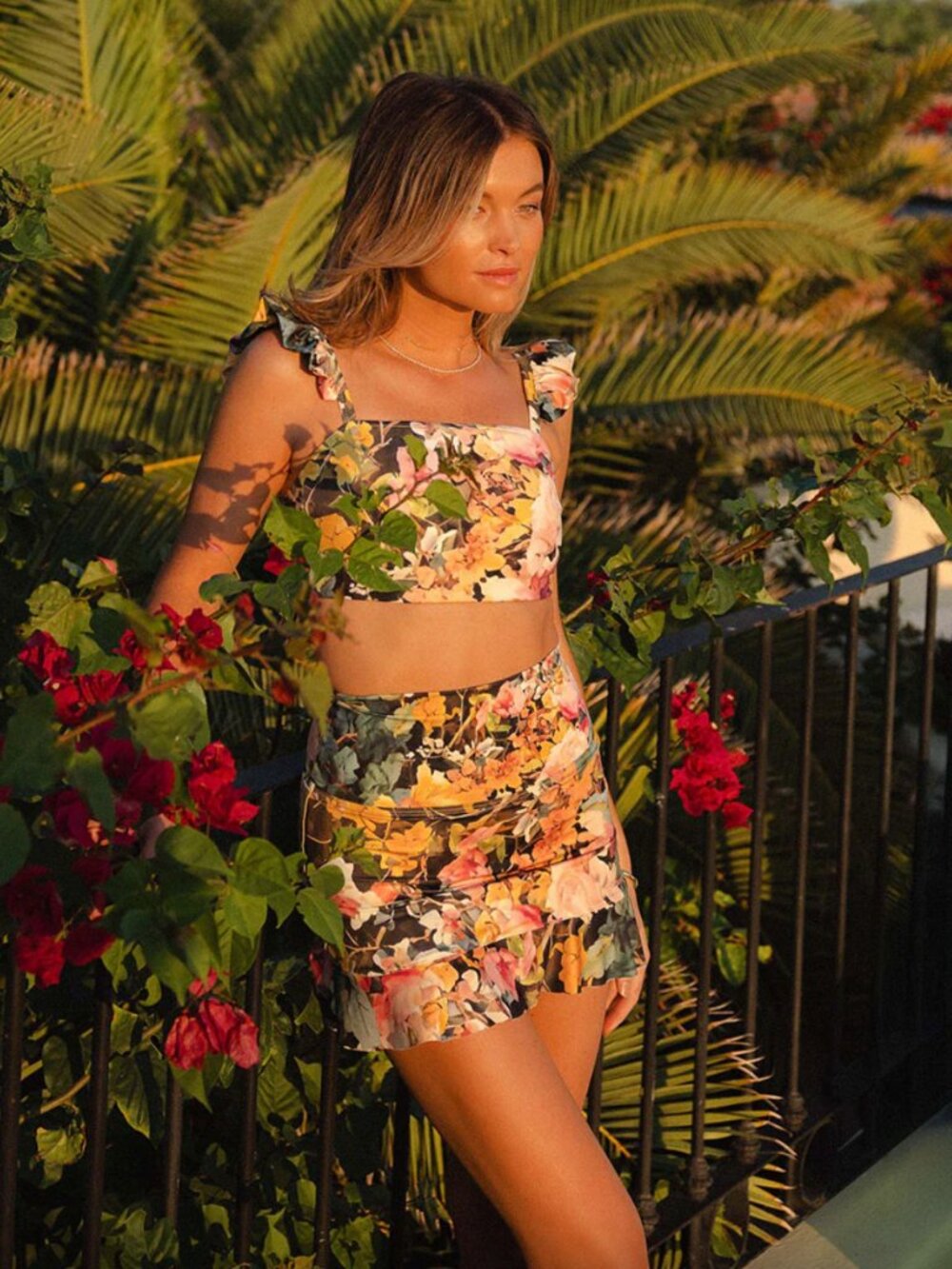 Albion Floral Print Two-Piece Swim Set — Yellow, Pink, Green, Black